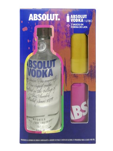 Imagen de OFERTA ABSOLUT 1000 ML-VODKA 1000 ML+2 VASOS FORMA LATA 