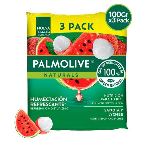 Imagen de JABÓN DE TOCADOR PALMOLIVE HUMECTACIÓN REFRESCANTE SANDIA & LYCHEE 3 UND 300 g 